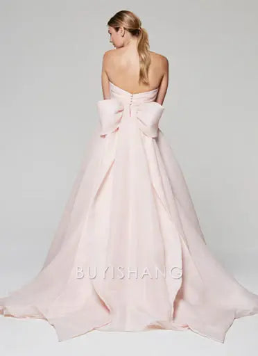 Elegant A-Line Strapless Ball Gown with Oversized Bow Back Chapel Train Prom Dresses